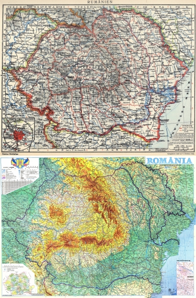 Maps of Romania and Moldova. The top map from 1926 shows "Greater Romania" including Moldova within its borders. The bottom map from 2001 shows the present-day boundaries of Romania and Moldova.